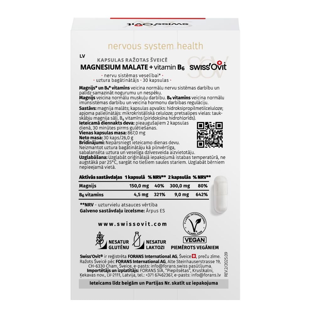 SWISS OVIT Magnesium Malate + vitamin B6 kapsulas N30