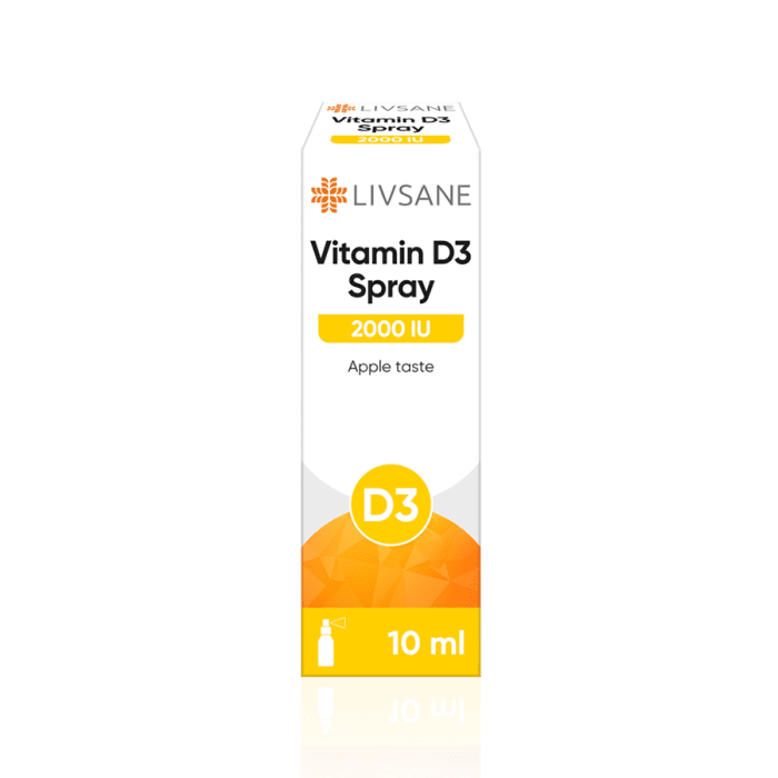 LIVSANE Vitamin D3 Spray 2000 IU izsmidzināms šķidrums ar ābolu garšu 10ml