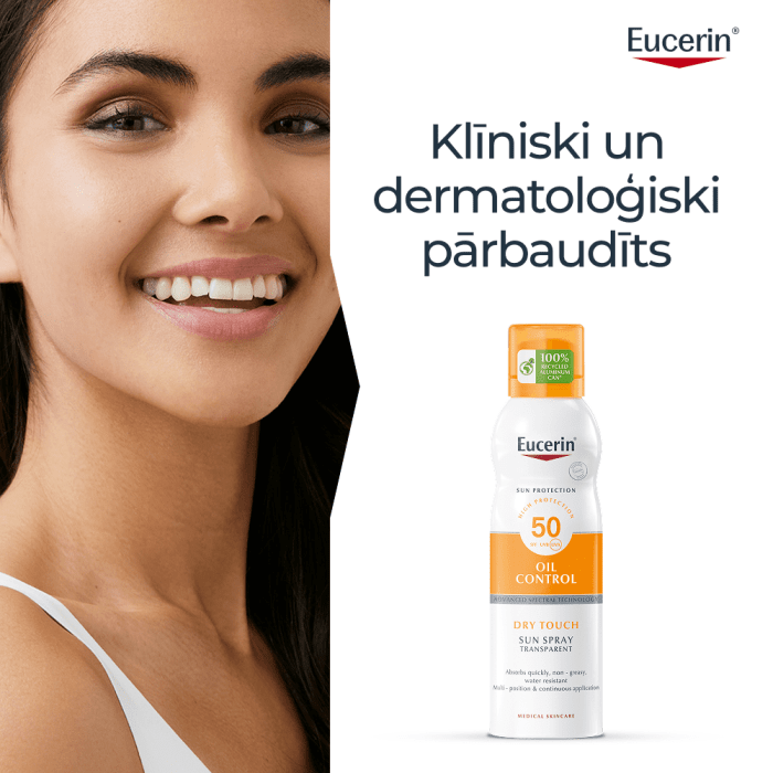 Eucerin Sun Oil Control Dry Touch SPF50 bezkrāsains izsmidzināms saules aizsarglīdzeklis 200 ml
