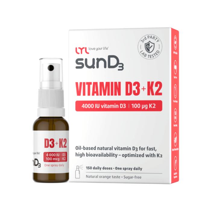 LYL sunD3 D3+K2 4000 SV+100 µg (150 devas), sprejs, 15 ml