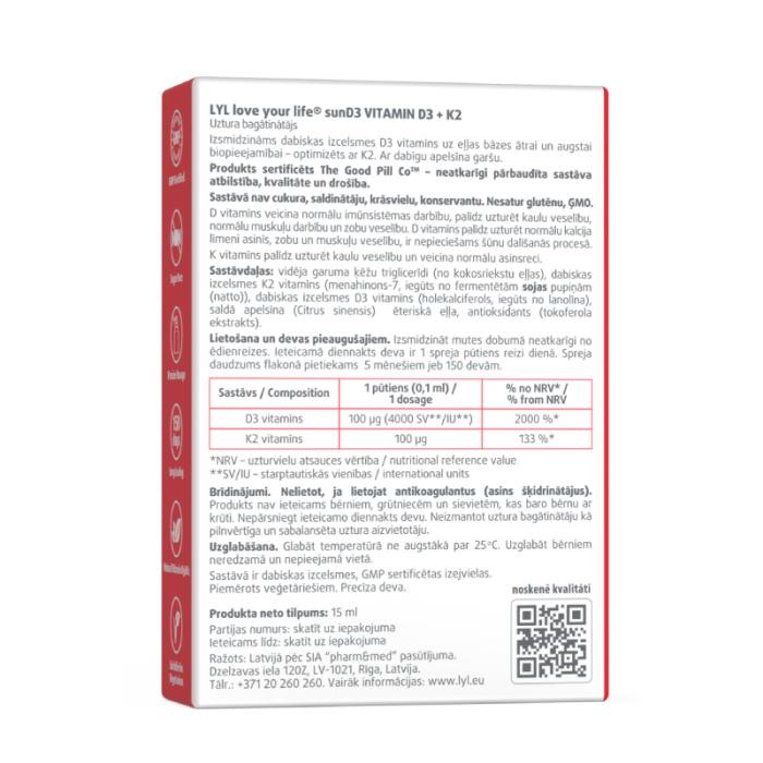 LYL sunD3 D3+K2 4000 SV+100 µg (150 devas), sprejs, 15 ml