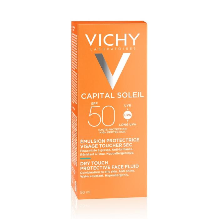 VICHY Capital Soleil Velvety SPF50+ sejas saules aizsargfluīds taukainai ādai 50 ml