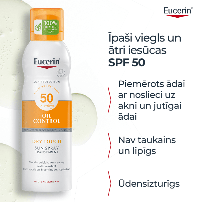Eucerin Sun Oil Control Dry Touch SPF50 bezkrāsains izsmidzināms saules aizsarglīdzeklis 200 ml