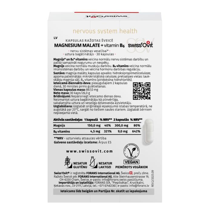 SWISS OVIT Magnesium Malate + vitamin B6 kapsulas N30