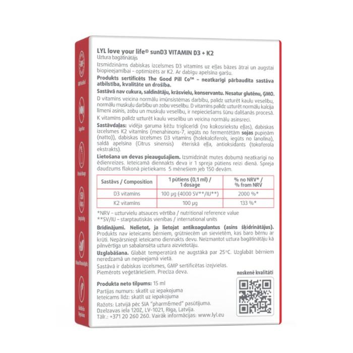 LYL sunD3 D3+K2 4000 SV+100 µg (150 devas), sprejs, 15 ml