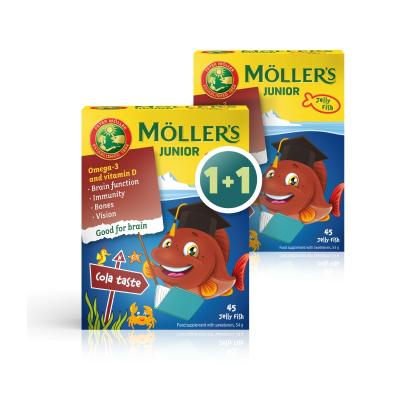 MOLLERS Omega-3 Junior (kolas garša) zivju eļļas želejas zivtiņas N45 1+1 komplekts