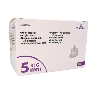 BD Embecta Pen insulīna injektora adatas 5mmX31G N100