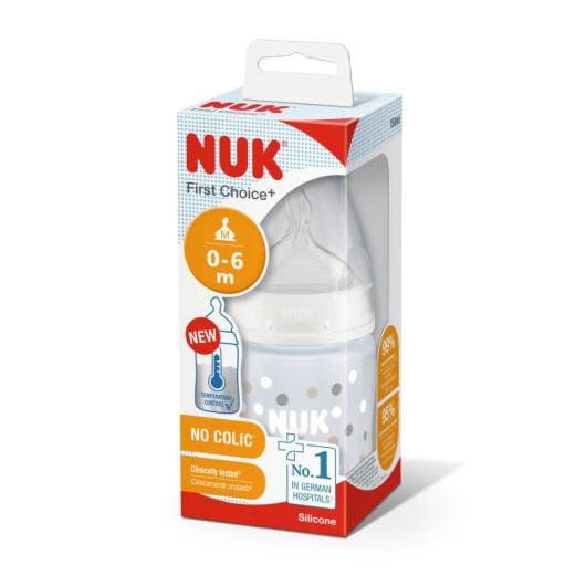 NUK First Choice+ pudele ar temperatūras kontroli, silikona knupis M (0-6 m.) 150 ml