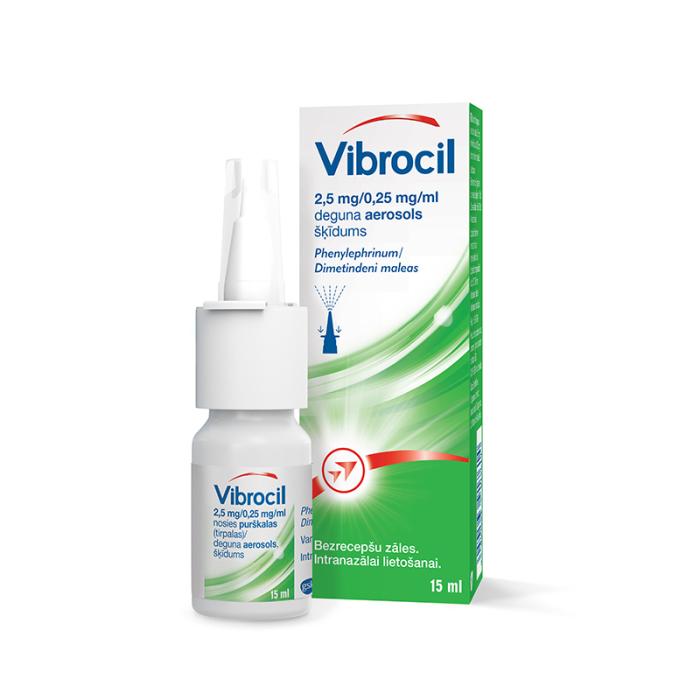 VIBROCIL 2,5 mg/0,25 mg/ml deguna aerosols, šķīdums 15 ml