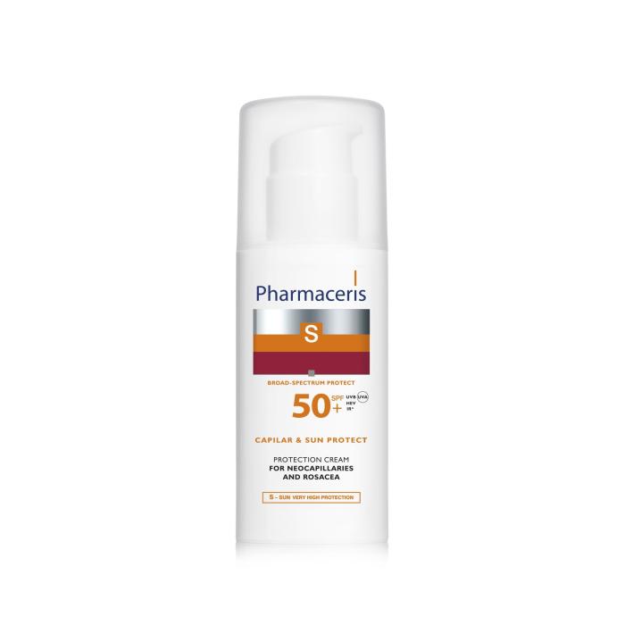 PHARMACERIS Sun SPF50+ sejas aizsargkrēms ādai ar paplašinātiem kapilāriem un rozāciju, 50 ml
