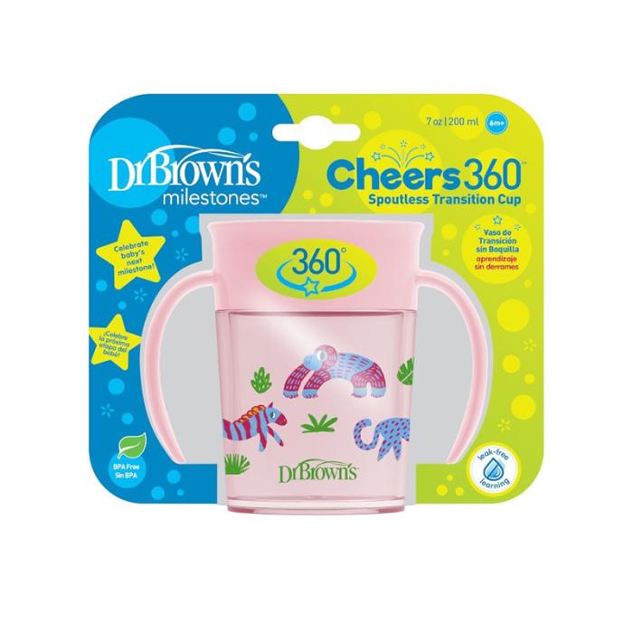 DR.BROWN'S krūzīte ar vāciņu CHEERS 360 DECO, 200 ml, rozā