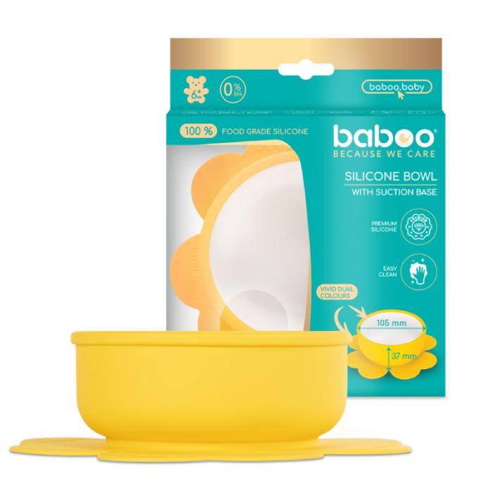 BABOO Silikona bļoda ar lipīgu apakšu, 6+ mēn., dzeltena