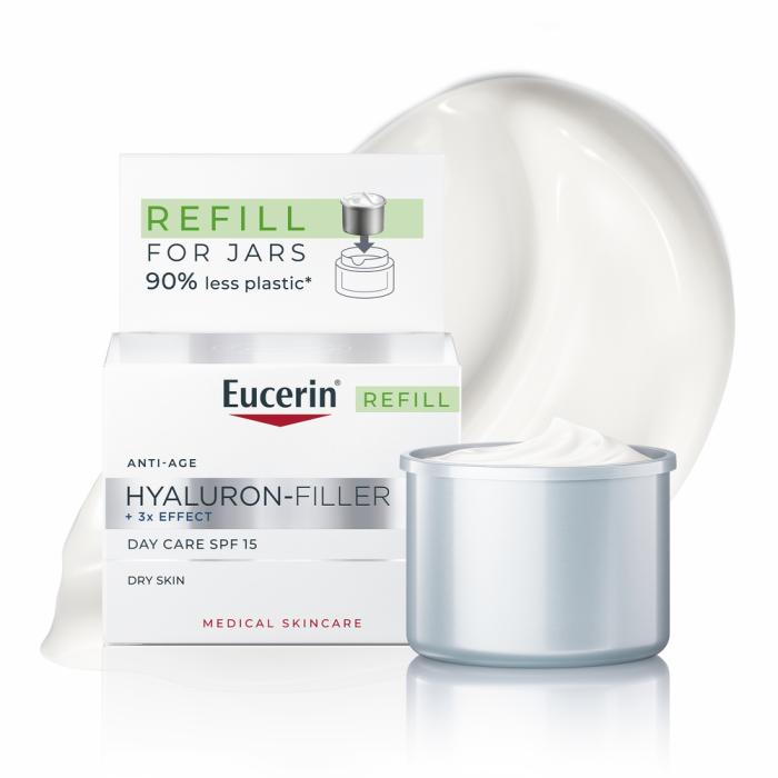 EUCERIN Hyaluron-Filler +3x Effect dienas krēms ar SPF 15 sausai ādai, atkārtoti uzpildāms iepakojums (Refill) 50 ml