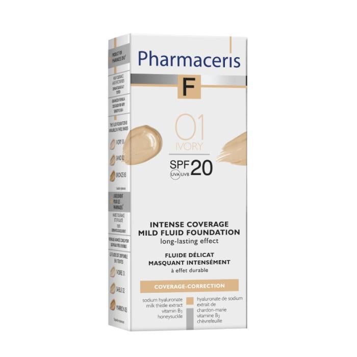 PHARMACERIS F Intense Coverage SPF20 tonālais krēms ar ilgu noturību 01 Ivory 30ml