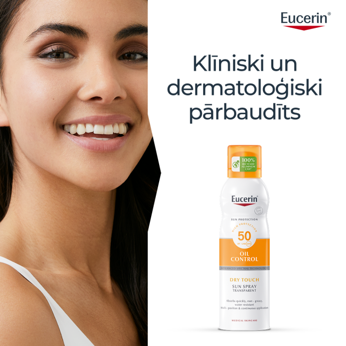Eucerin Sun Oil Control Dry Touch SPF50 bezkrāsains izsmidzināms saules aizsarglīdzeklis 200 ml