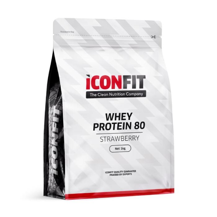 ICONFIT Whey Protein 80 ar zemeņu garšu pulveris 1kg