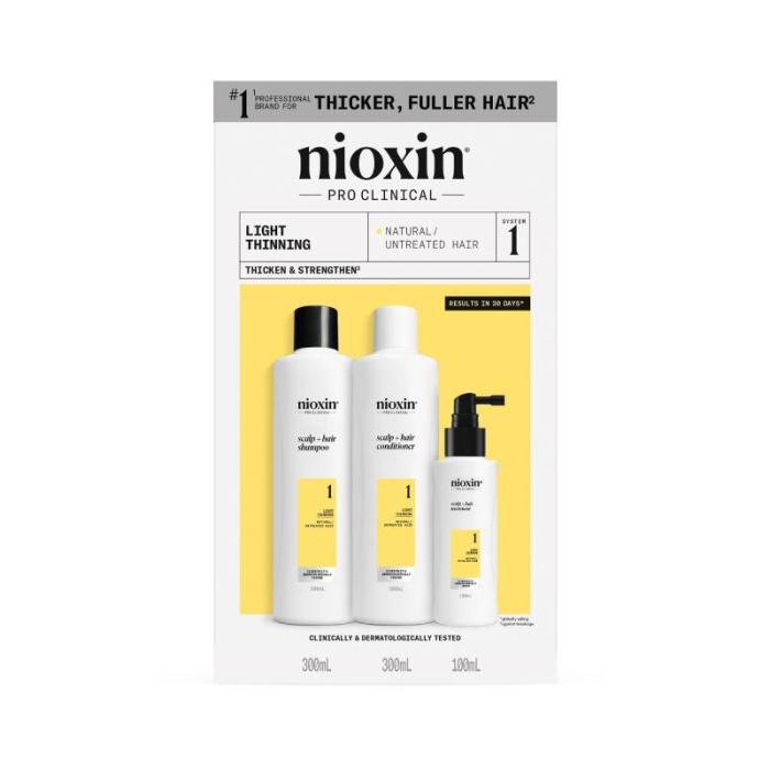 NIOXIN System 1 dabiskiem matiem ar vieglu tendenci kļūt plānākiem, komplekts 300ml+300ml+100ml
