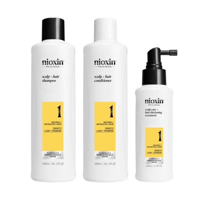 NIOXIN System 1 dabiskiem matiem ar vieglu tendenci kļūt plānākiem, komplekts 300ml+300ml+100ml