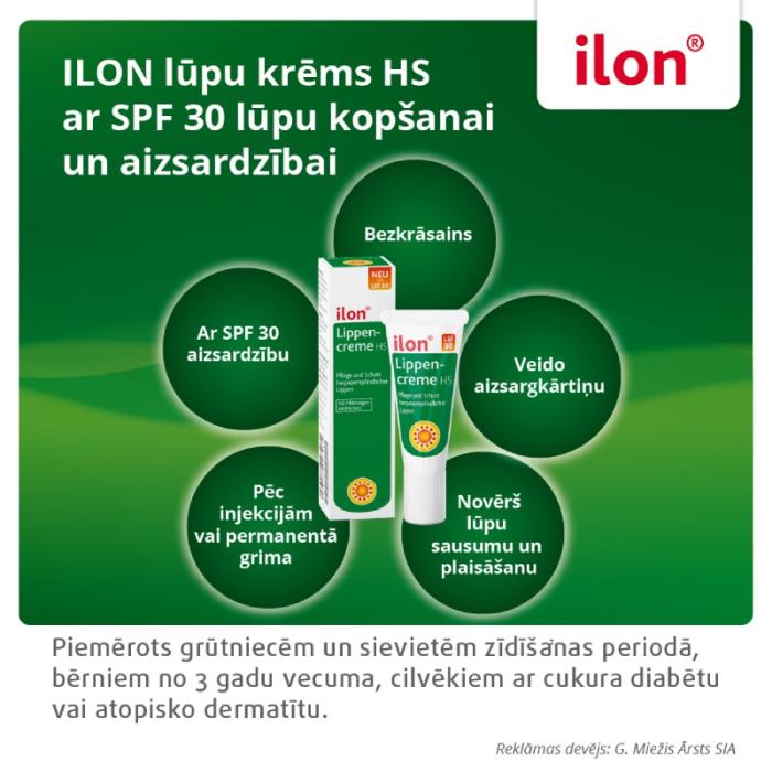 ILON lūpu krēms HS ar SPF 30 lūpu kopšanai un aizsardzībai 10 ml