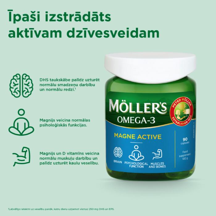 MOLLERS Omega-3 Magne Active zivju eļļa kapsulas N90