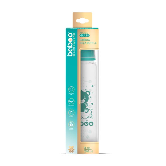BABOO stikla pretkoliku stikla barošanas pudelīte, šaurs kakliņš, 3+ mēneši 240 ml