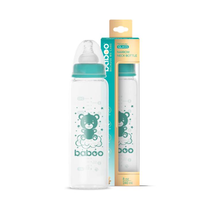 BABOO stikla pretkoliku stikla barošanas pudelīte, šaurs kakliņš, 3+ mēneši 240 ml
