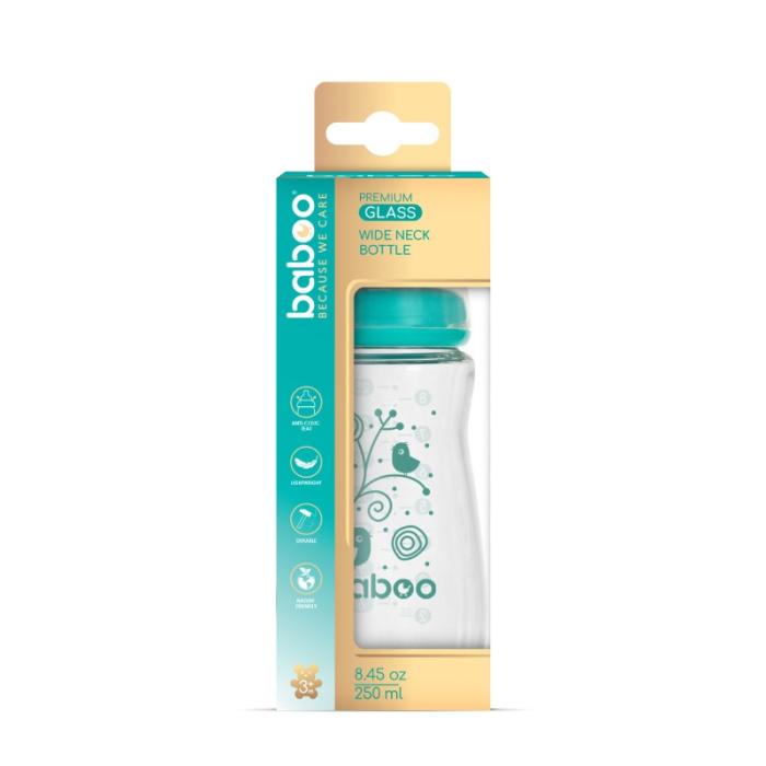 BABOO stikla pretkoliku barošanas pudelīte, plats kakliņš, 3+ mēneši 250 ml