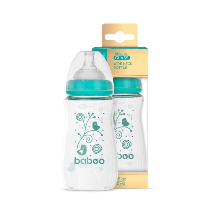 BABOO stikla pretkoliku barošanas pudelīte, plats kakliņš, 3+ mēneši 250 ml