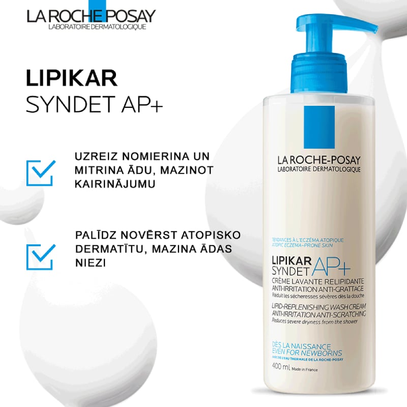 LA ROCHE-POSAY Lipikar Syndet AP+ lipīdus papildinošs, ādu attīrošs mazgāšanās krēms ķermenim, sausai ādai 400 ml