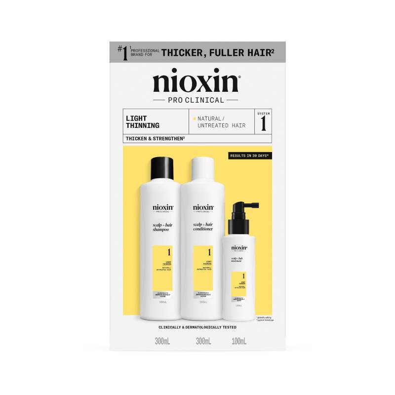 NIOXIN System 1 dabiskiem matiem ar vieglu tendenci kļūt plānākiem, komplekts 300ml+300ml+100ml