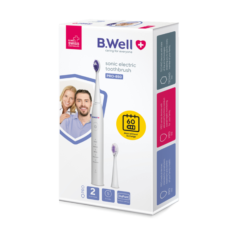 B.WELL PRO-850 Sonic elektriskā zobu birste, balta N1
